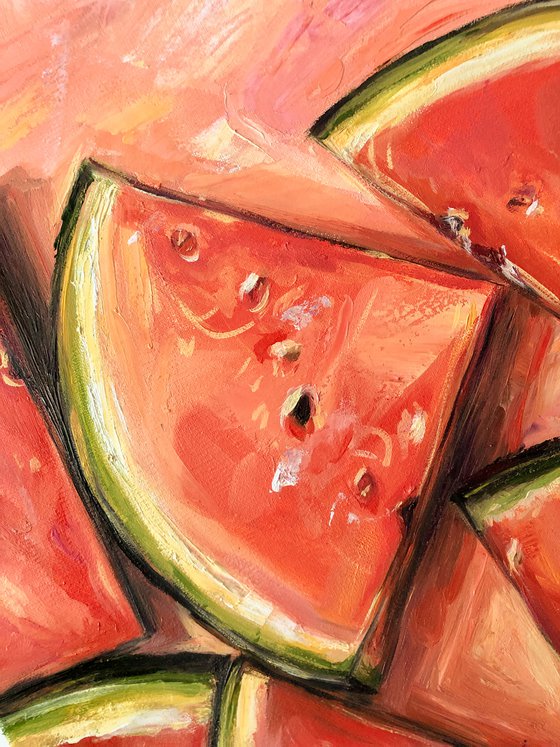 WATERMELON SUGAR, Original Orange and Pink Vibrant Watermelon Still Life Oil Painting