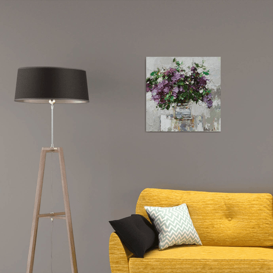 Still life with lilacs in a vase - impasto painting