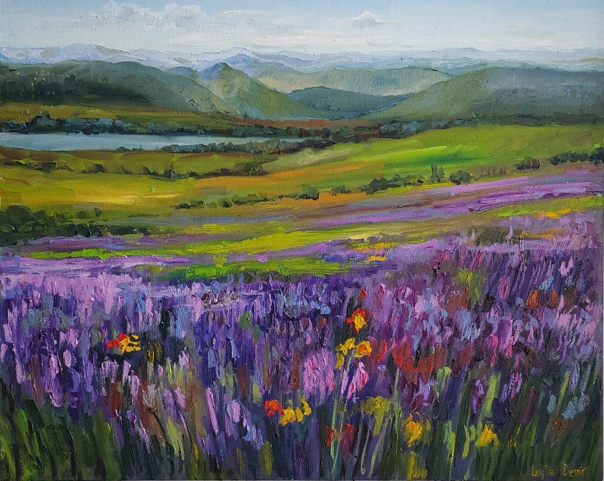 Photorealistic Landscape Oil Painting By Leyla Demir, 20 X 16", Lavender Fields, Original Artwork