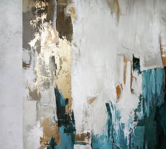 "Teal bloom 2" Teal gold cream abstract art