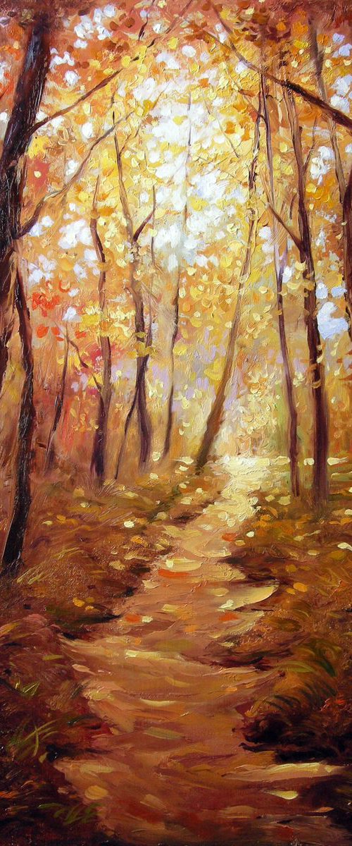 THROUGH THE SUN-DRENCHED FOREST (Impressionistic palette knife oil painting nature landscape fall autumn forest path) by Yaroslav Sobol