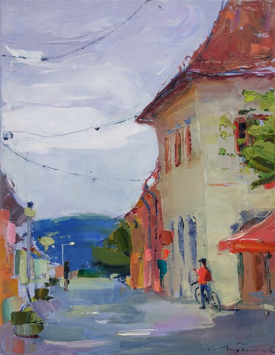 Streets of the old city Bardejov . Slovakia . Original plain air oil painting