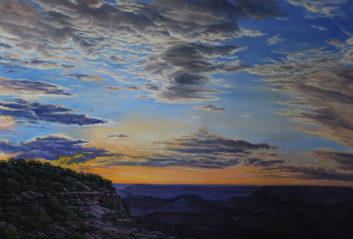 Photorealistic Landscape Oil Painting By Olena Nabilsky, 36 X 24", Grand Canyon Sunset, Original Artwork