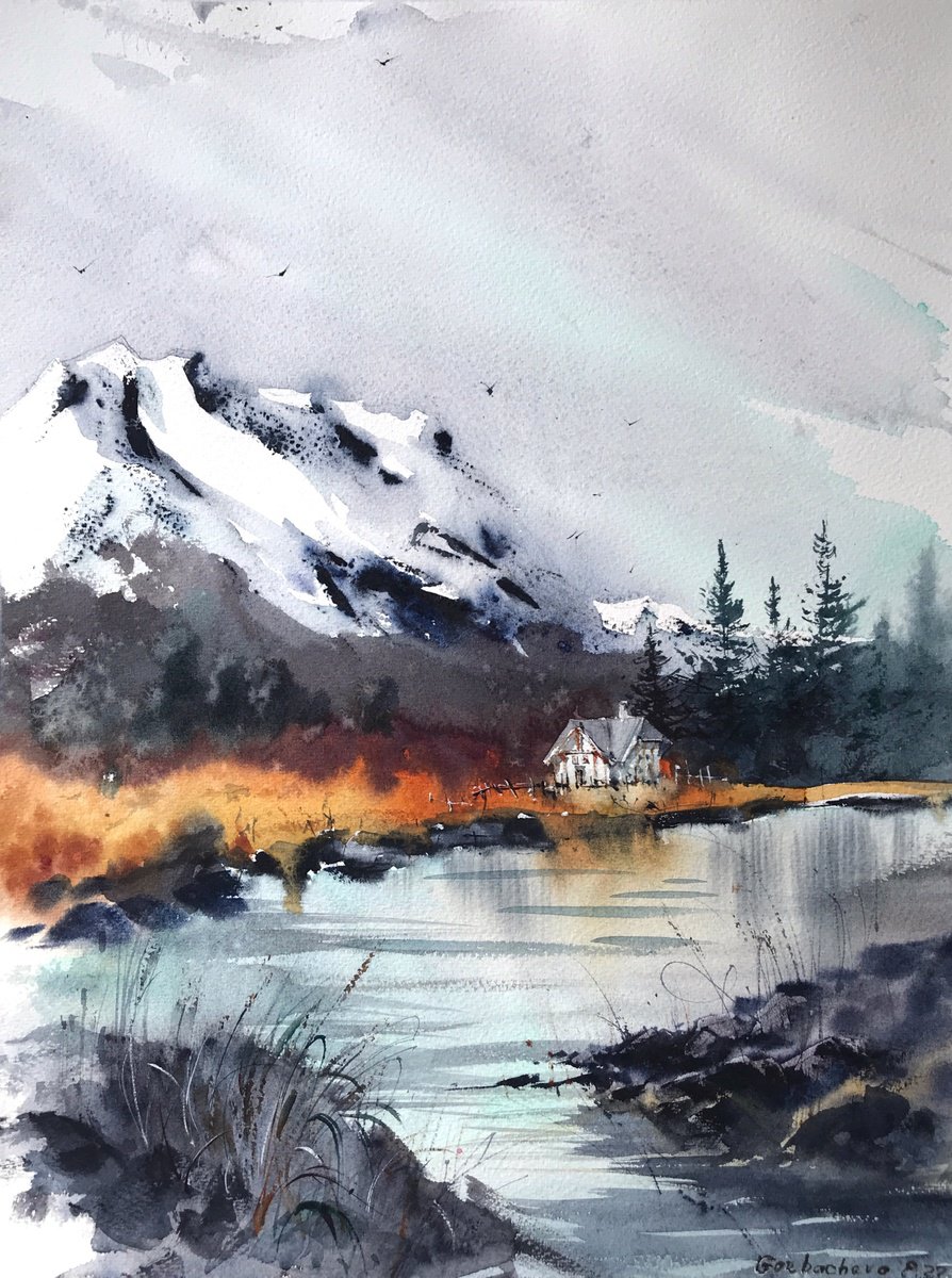 Impressionistic Landscape Watercolour By Eugenia Gorbacheva, 12 X 16, House In The Mountains #7, Original Artwork