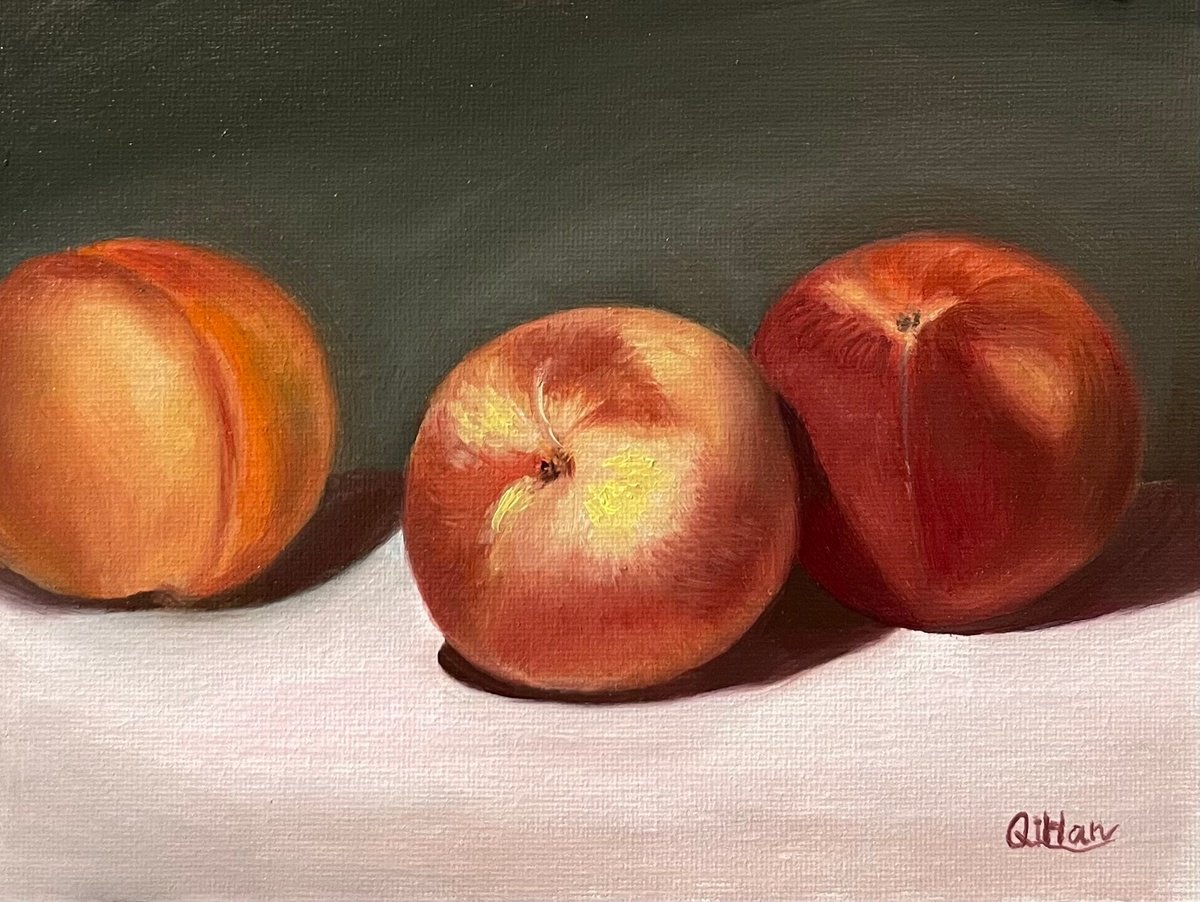 Photorealistic Still Life Oil Painting By Qi Han, 8 X 6", Peaches In Light, Original Artwork