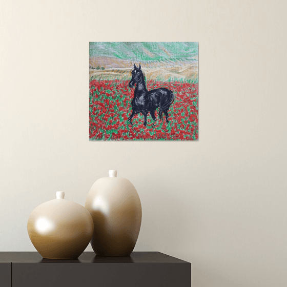 Horse and Poppies... /  ORIGINAL OIL PASTEL DRAWING