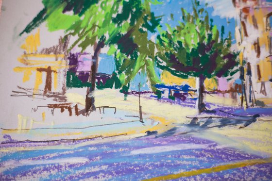 Street view of Geneva, Switzerland. Impressionistic etude ORIGINAL OIL PASTEL PAINTING. SMALL CITYSCAPE IMPRESSIONISM IMPRESSION DECOR TRAVEL bright