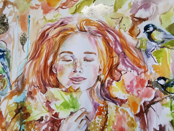 Redhead girl portrait Fall leaf art