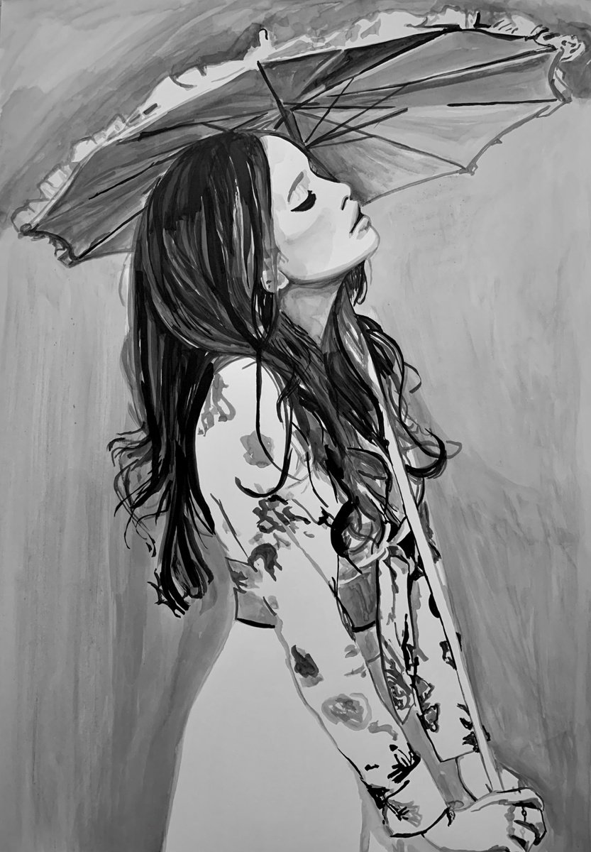 Urban And Pop Ink Drawing , Girl With Umbrella By Alexandra Djokic, 28 X 39, Artwork For Sale On Artfinder