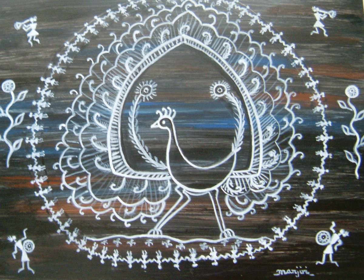 Warli Peacock folk art from India by Manjiri Kanvinde