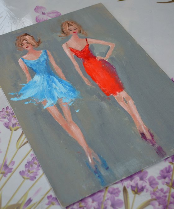 Funny fashionistas in blue and red Miniature