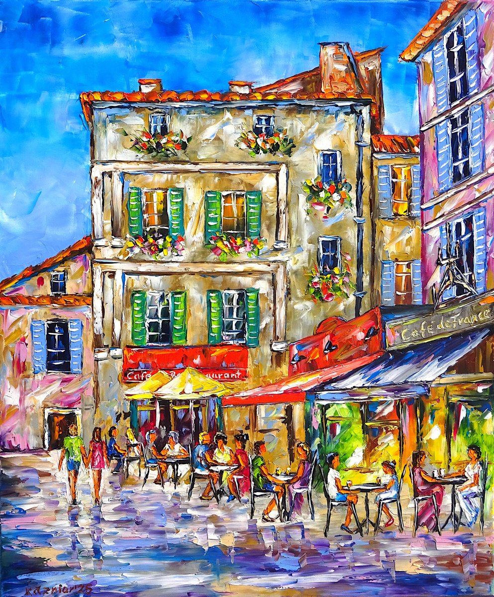 Expressive Cityscapes Oil Painting By Mirek Kuzniar, 20 X 24", Street Cafe In Arles, Original Artwork