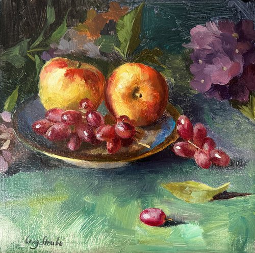 Still Life with Apple and Grapes #2 by Ling Strube