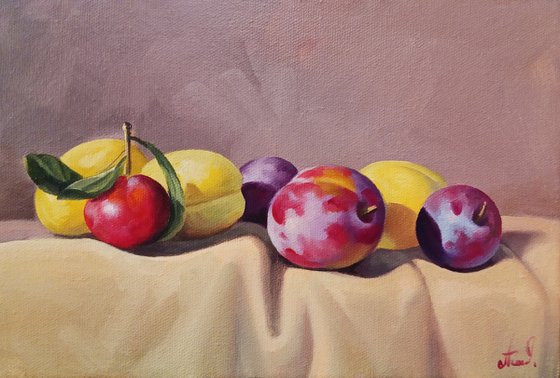 Still life with plums and apricot  (20x30cm, oil painting, ready to hang)