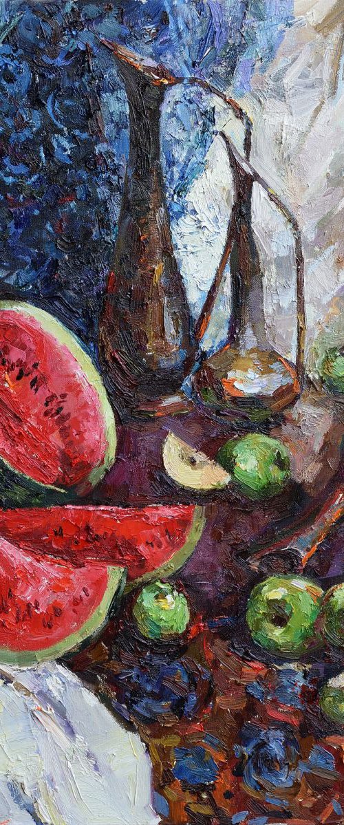 Oriental Still Life with Watermelon 90 x 90 cm by Anastasiia Valiulina