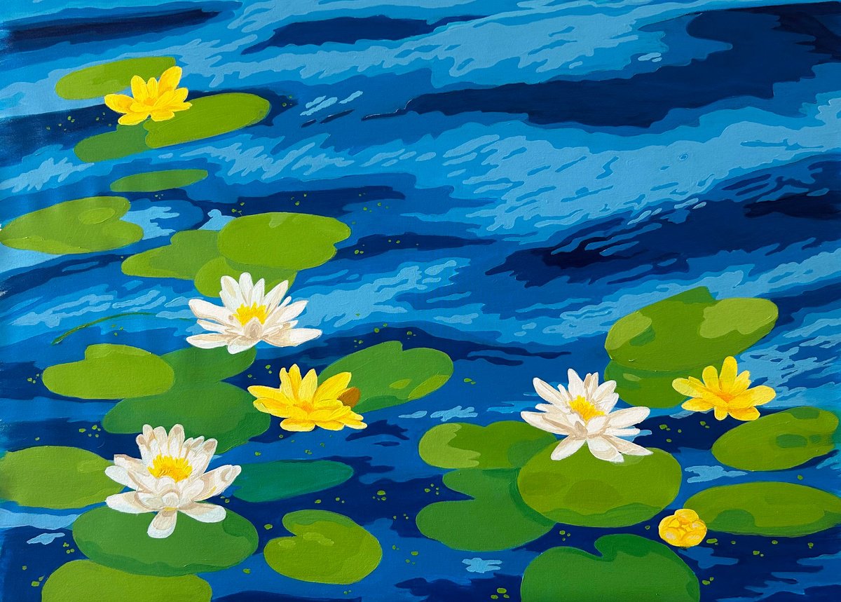 Expressive Landscape Acrylic Painting By Alexandra Dobreikin, 39 X 28, Water Lilies, Original Artwork
