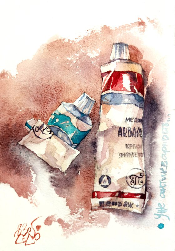 "Still life with antique tubes of watercolor paint" original watercolor artwork