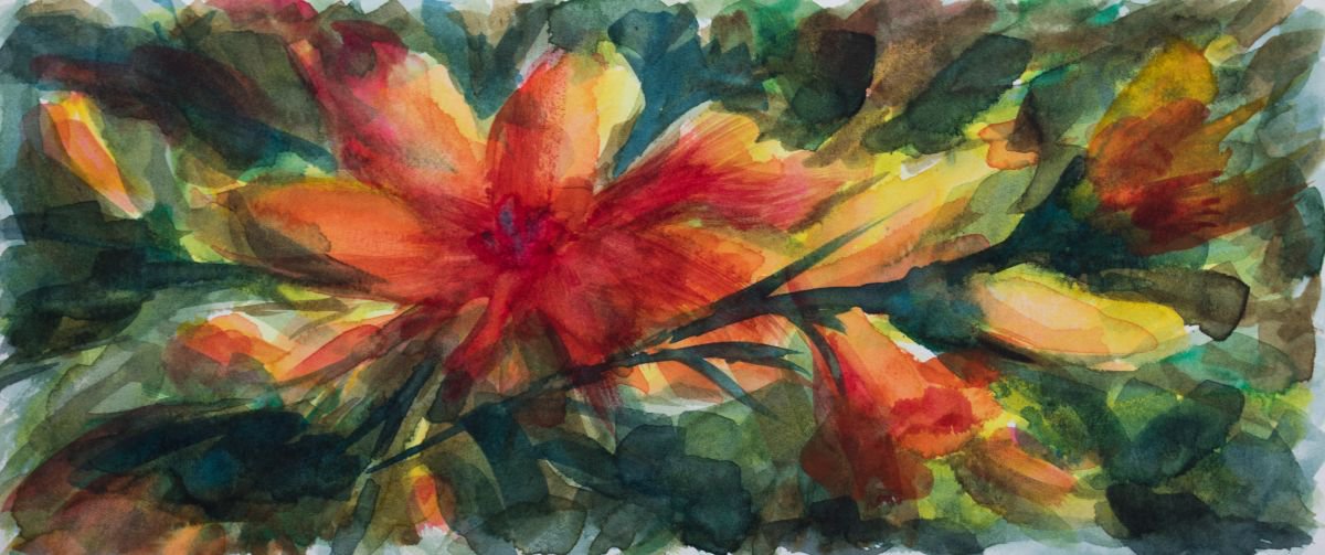Flower and flower buds - small size - watercolor on paper - 10,5X24,5 cm by Fabienne Monestier
