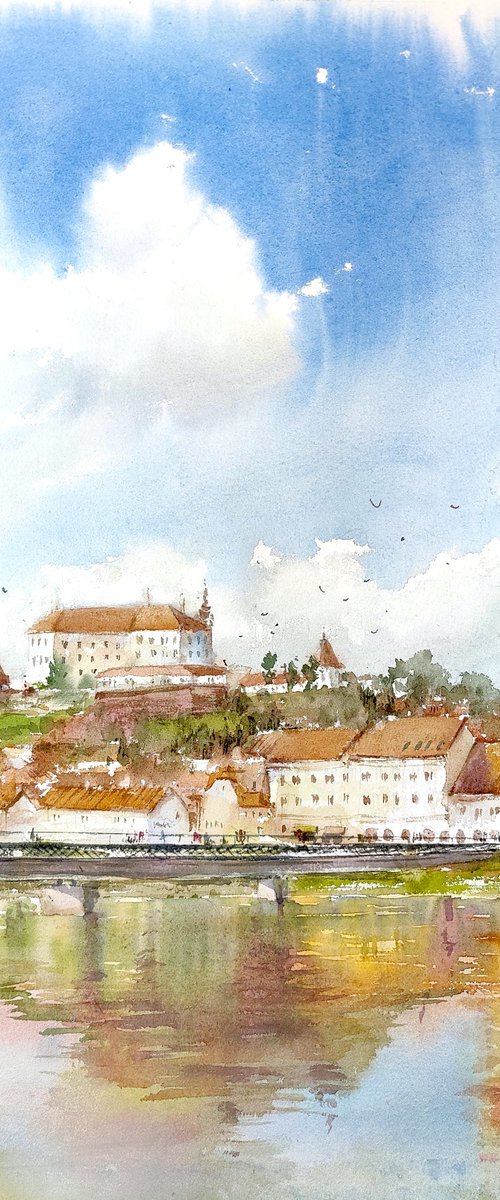 Ptuj castle, Slovenia city original watercolor hand-painted, Drava river lake bridge, Mediterranean Europe Impressionistic, Old town artwork by Larisa Carli