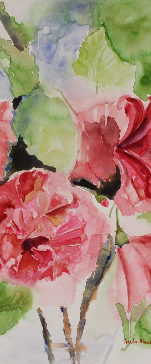 Hibiscus flowers still life In Impressionistic Style in watercolor by Geeta Yerra