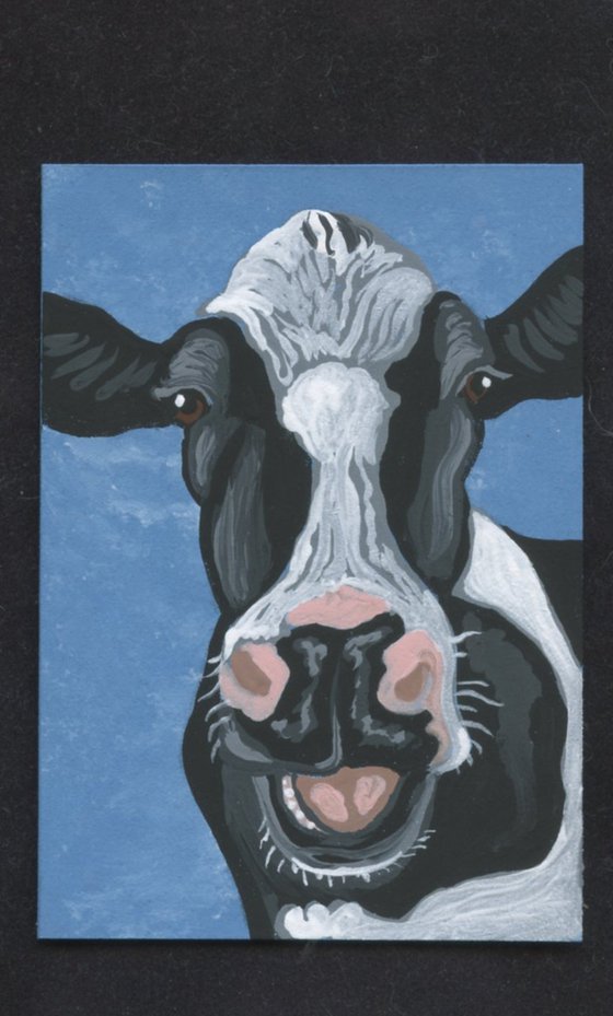 ACEO ATC Original Miniature Painting Black White Cow Farmyard Art-Carla Smale