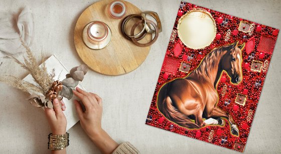 Ginger brown horse. Red coral artwork