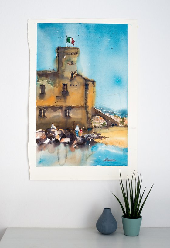 Liguria. Rapallo castle. Original watercolor picture.