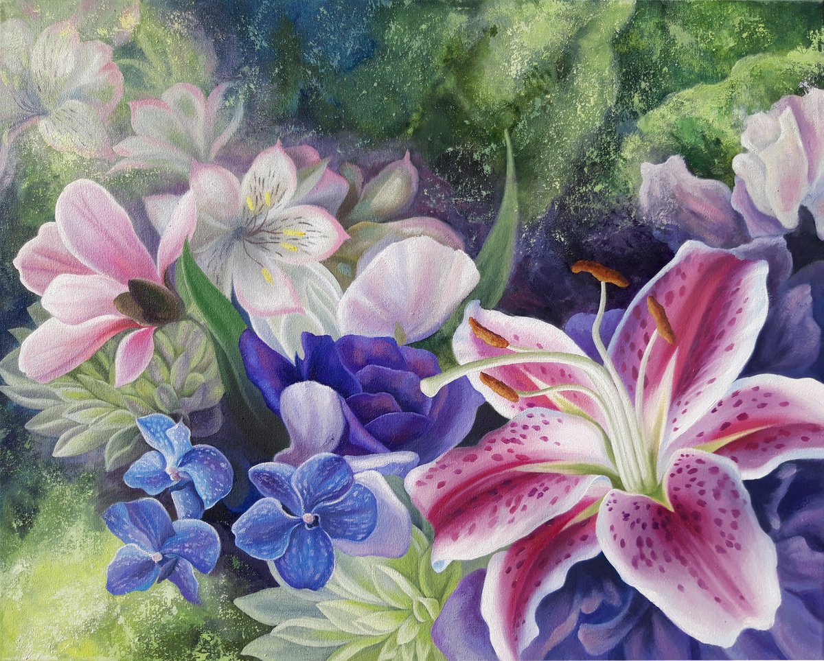 Floral fantasy, oil flowers painting, lily art, mixed media by Anna Steshenko