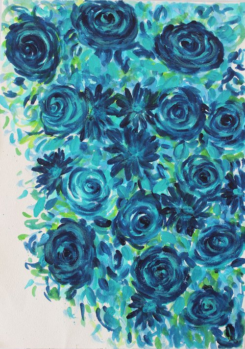 Love to walk with you always, 2017 - Blue Roses, Floral Acrylic Painting on 220 GSM Handmade Paper by Vikashini Palanisamy