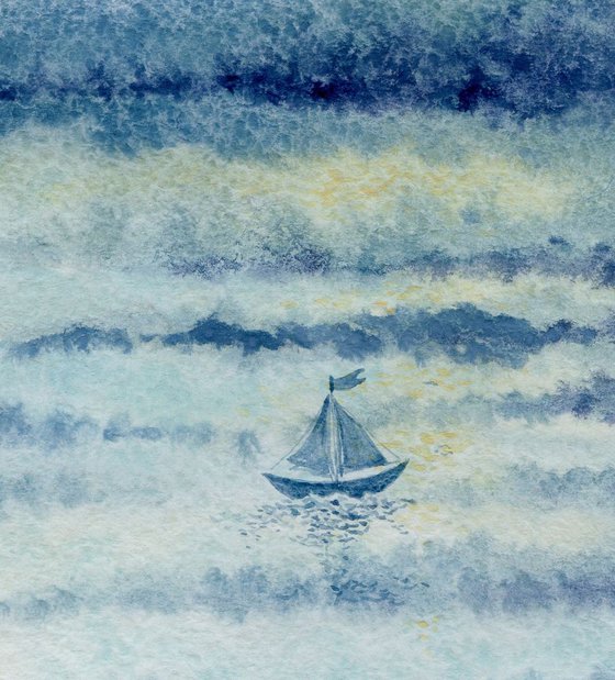 Original watercolor illustration of dreamy seascape with boat