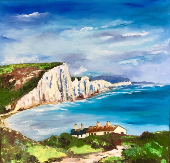 SEVEN SISTERS,   CLIFFS, SUSSEX , ENGLISH LANDSCAPE, OIL PAINTING. OFFICE URBAN WALL ART