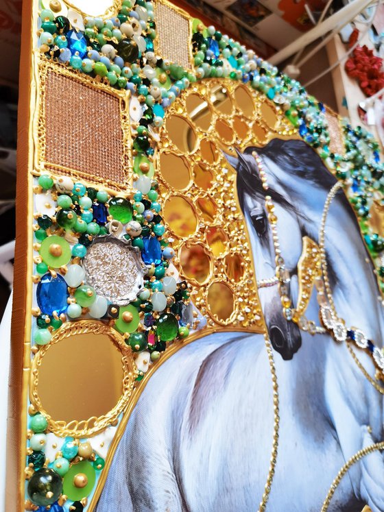 Pearl silver horse. Sun in the forest