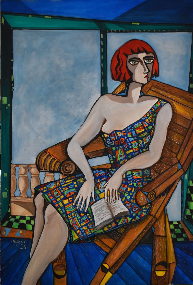 Expressive Portrait Acrylic Painting By Nagui, 24 X 36", The Woman In The Balcony, Original Artwork