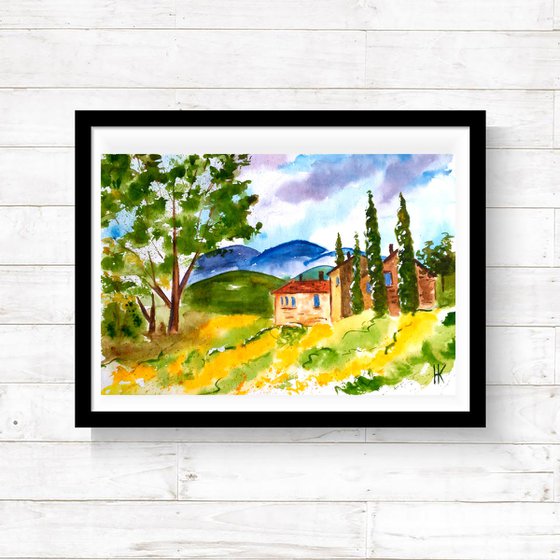 Tuscany Painting Landscape Original Art Farm House Watercolor Artwork PoplarTree Yellow Field Small Wall Art 8 by 12" by Halyna Kirichenko