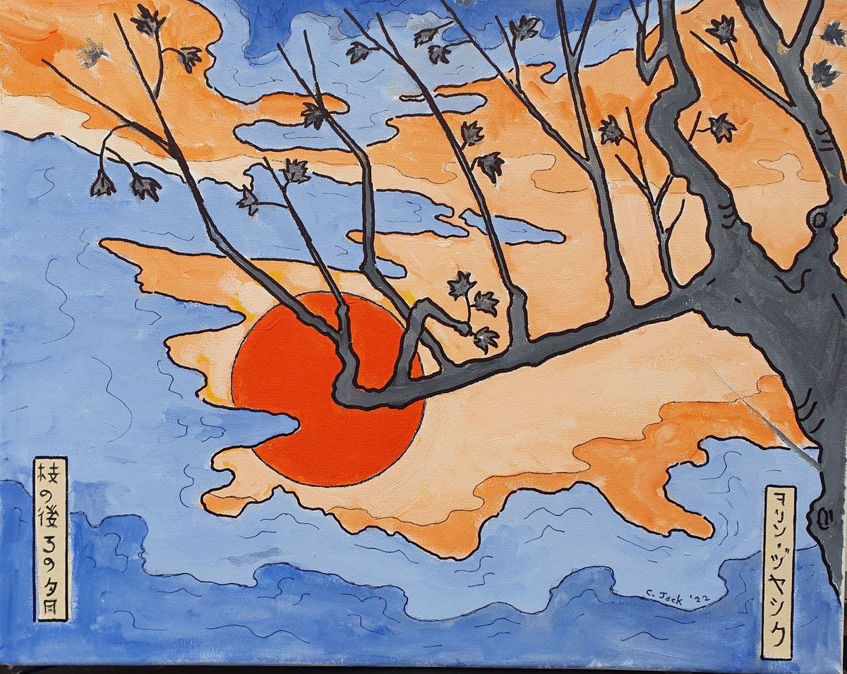 Botanical Acrylic Painting By Colin Ross Jack, 20 X 16, Sun Setting Behind Branch, Original Artwork