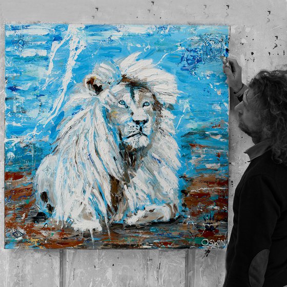 WHITE LION - King of Kings painting- 100 x 100 cm| 39.4" x 39.4" Series Hidden Treasures by Oswin Gesselli