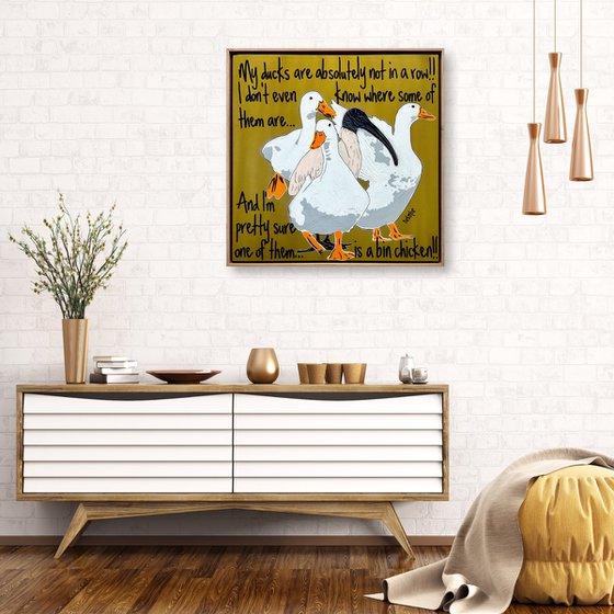 Ducks in a Row Gold Bin Chicken Framed