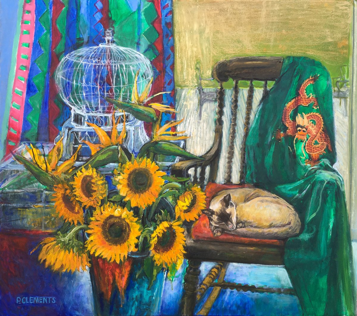 Impressionistic Still Life Oil Painting By Patricia Clements, 41 X 36", Cat And Dragon Kimono, Original Artwork