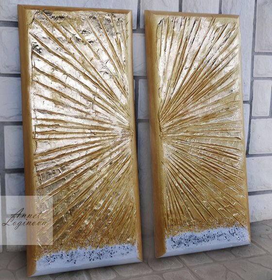 Golden paintings, Set of two art, gold leaf