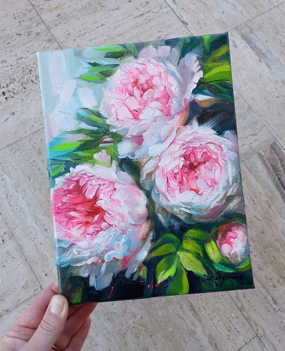 Peony oil painting original canvas art, Pink flowers painting small sizel