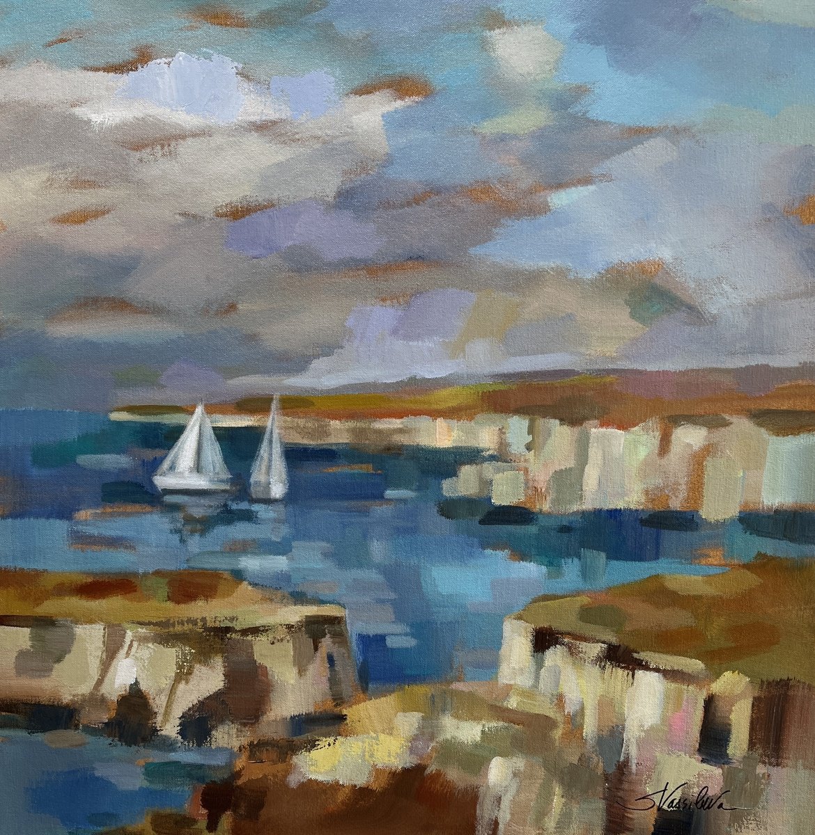 Impressionistic Landscape Acrylic Painting By Silvia Vassileva, 26 X 26", Cape Kaliakra, Original Artwork