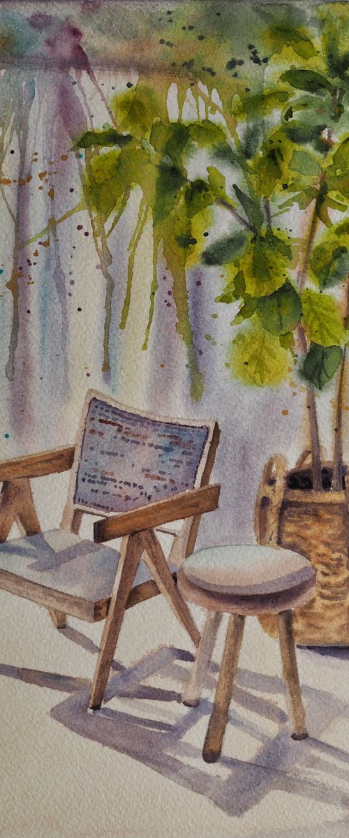 Interior sketch - original watercolor - light, sunny, shadow home by Delnara El