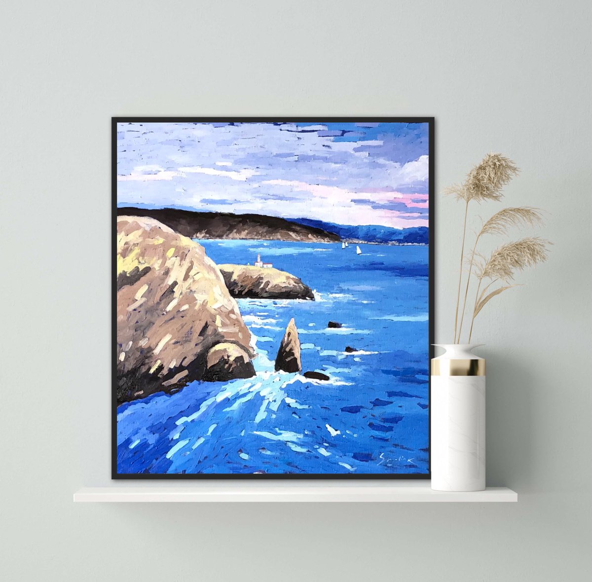 Impressionistic Landscape Oil Painting By Volodymyr Smoliak, 18 X 22", Ocean In California, Original Artwork