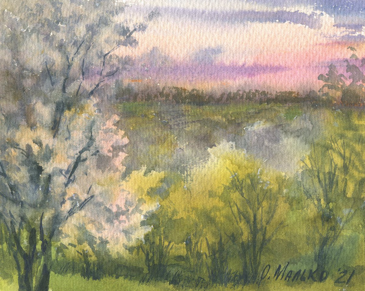 Spring again. Afterglow / Evening landscape. Original watercolor picture. Panoramic views. by Olha Malko