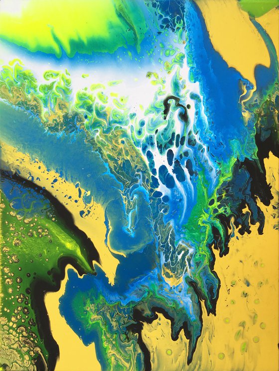 "Neon Waterfall" - Special Price - Original Abstract PMS Fluid Acrylic Painting, 18 x 24 inches