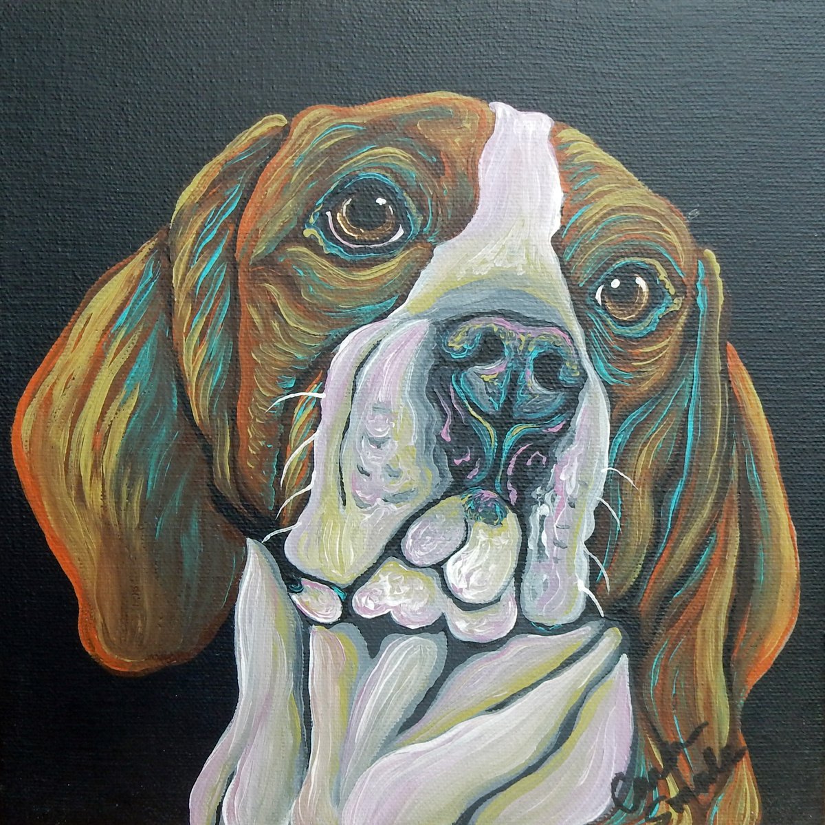 Beagle Pet Dog Original Art Painting-8 x 8 Inches Stretched Canvas-Carla Smale by carla smale