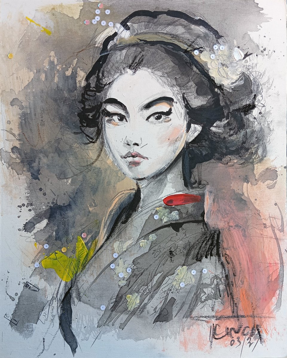 Impressionistic Portrait Ink Drawing By Catalin Ilinca, 16 X 20, Sakura (L