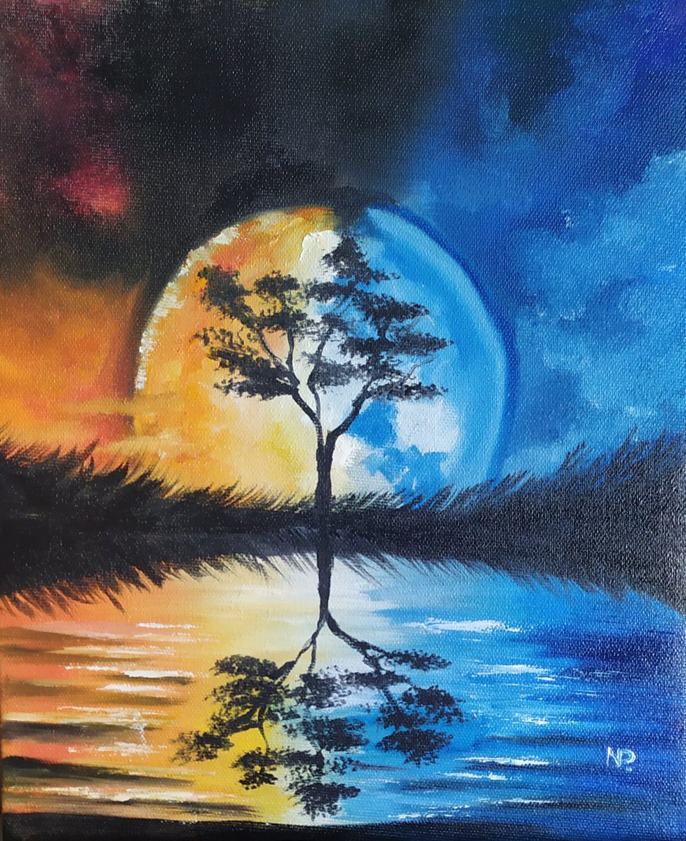 Day and night, original landscape oil painting, tree art, bedroom painting by Nataliia Plakhotnyk