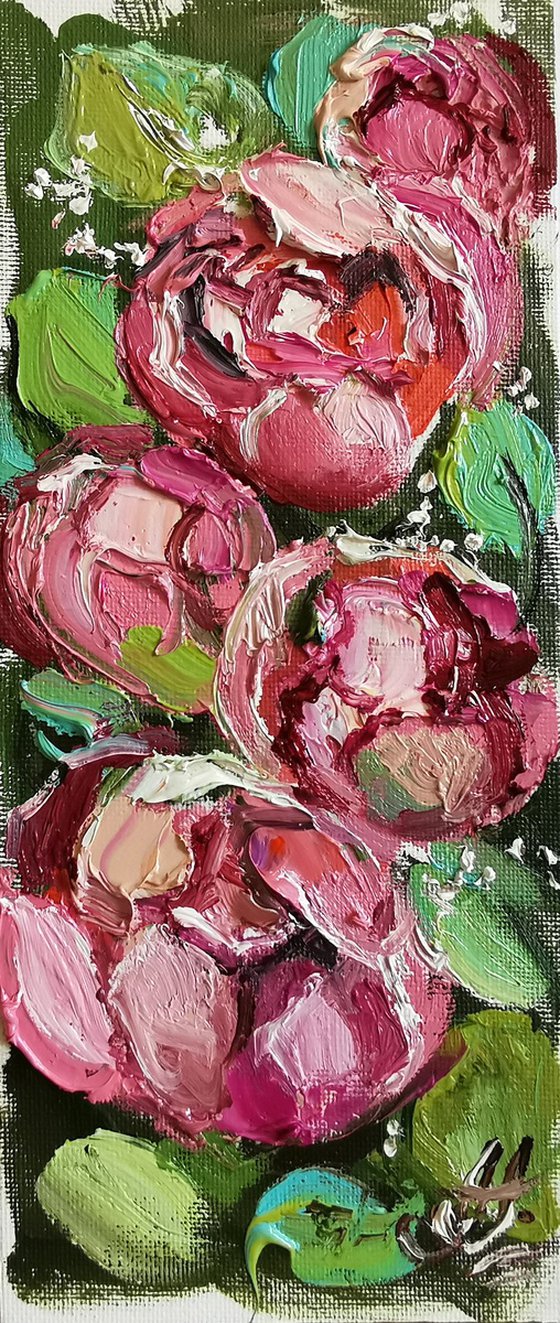 Pink and textured blossom Peonies Painting, Miniature on canvas