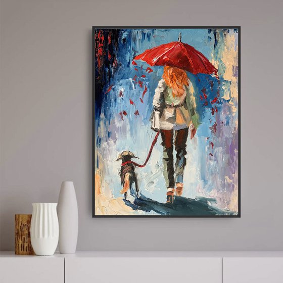 Woman with umbrella and dog.